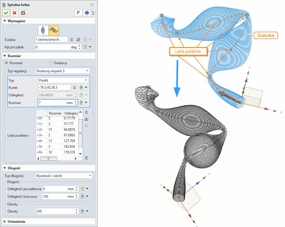 Szkic3D Spirala ZW3D Opcje2
