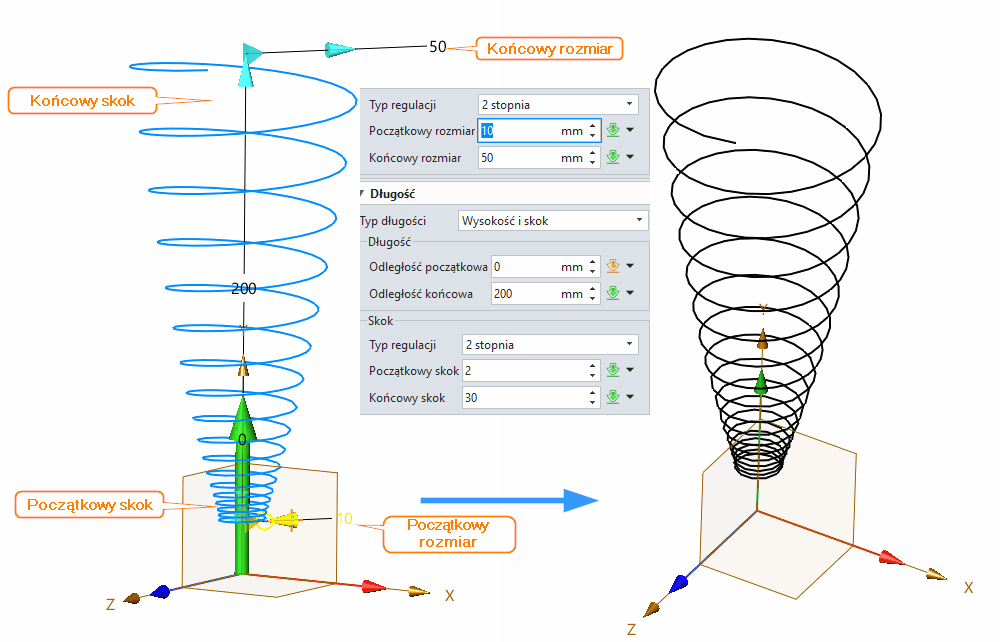 Szkic3D Spiralna helisa ZW3D Opcje3