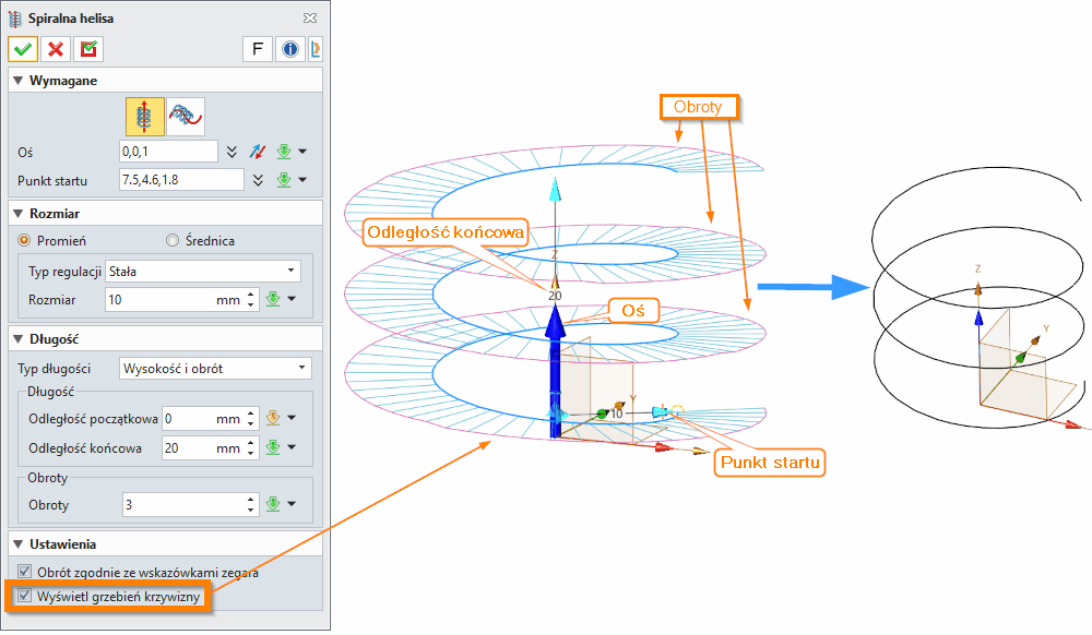 Szkic3D ZW3D Spiralna helisa Panel