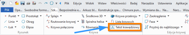 Szkic3D Tekst krawędziowy ZW3D wstążka