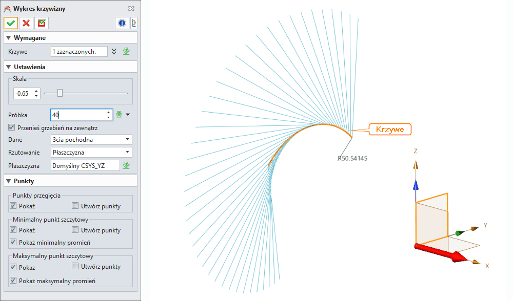 Szkic3D Wykres krzywizny ZW3D Panel