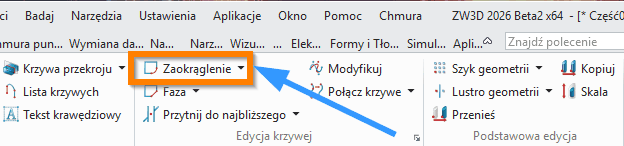 Szkic3D Zaokrąglenie wstążka ZW3D