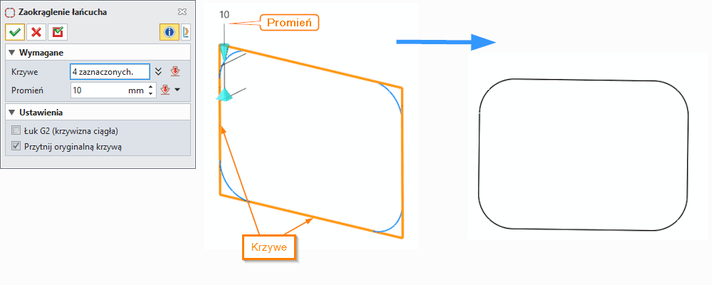 Szkic3D Zaokrąglenie łańcucha ZW3D Panel